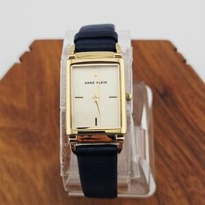 Anne Klein Women's Gold Bezel Rectangle Dial Watch Minimalist Black Leather Band